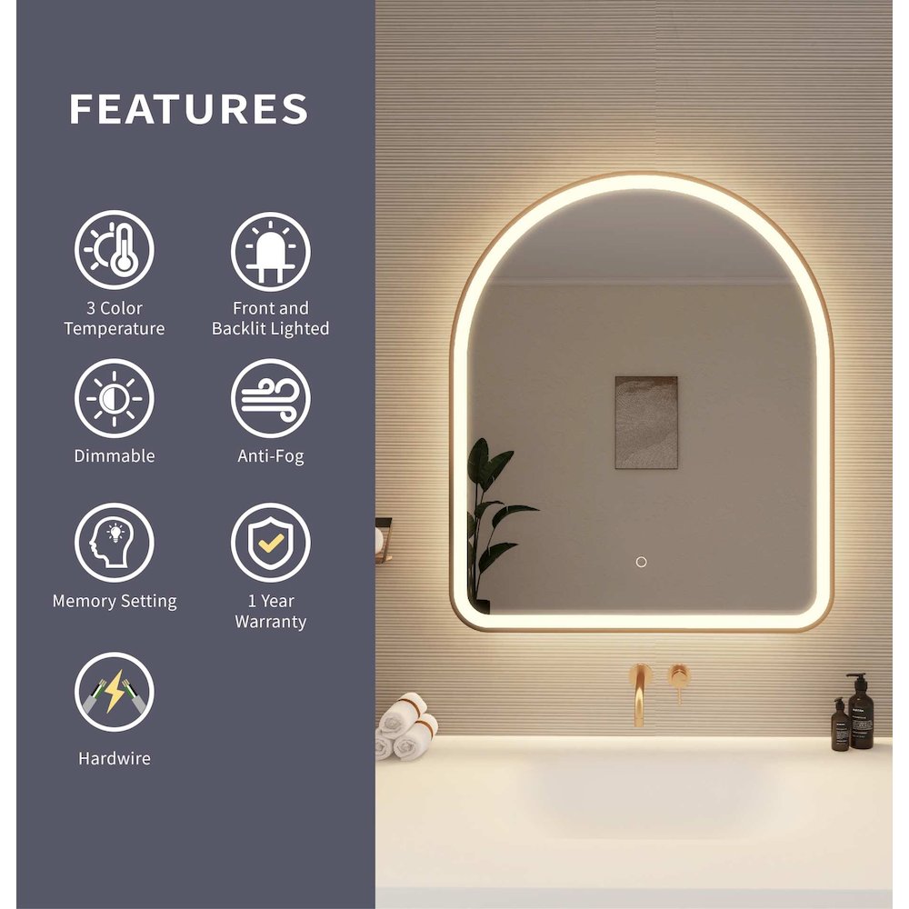 36 Inch Arch LED Front and Backlit Wall Mirror in Satin Gold