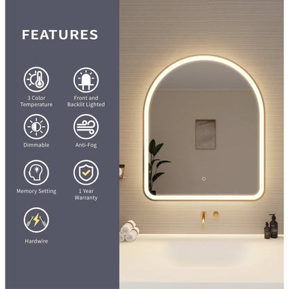 36 Inch Arch LED Front and Backlit Wall Mirror in Satin Gold