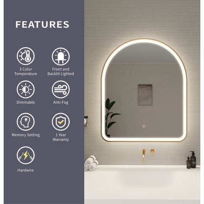 36 Inch Arch LED Front and Backlit Wall Mirror in Satin Gold