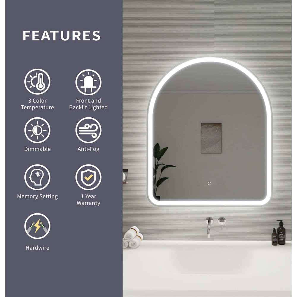 36 Inch Arch LED Front and Backlit Wall Mirror in Silver
