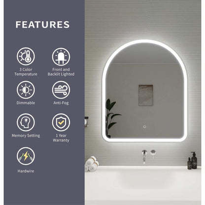 36 Inch Arch LED Front and Backlit Wall Mirror in Silver