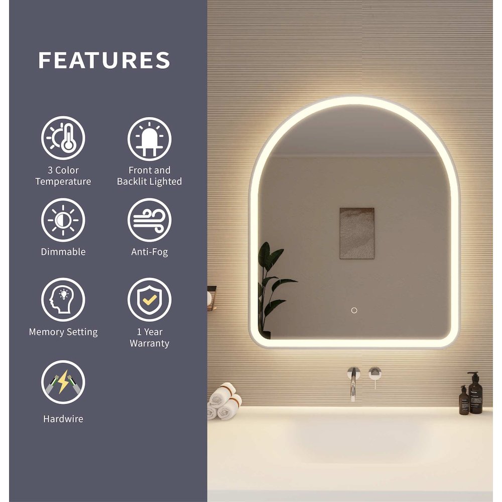 36 Inch Arch LED Front and Backlit Wall Mirror in Silver