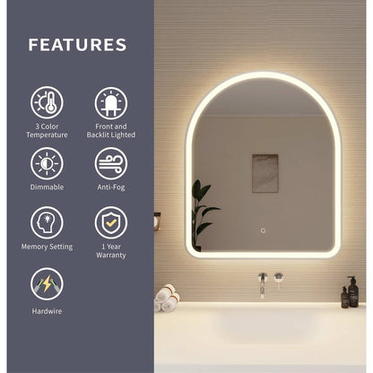36 Inch Arch LED Front and Backlit Wall Mirror in Silver