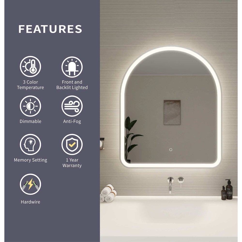 36 Inch Arch LED Front and Backlit Wall Mirror in Silver
