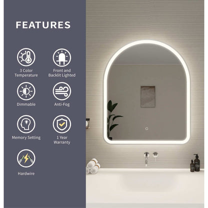 36 Inch Arch LED Front and Backlit Wall Mirror in Silver