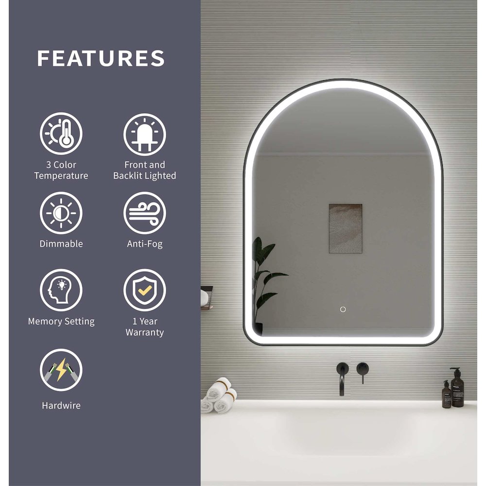 40 Inch Arch LED Front and Backlit Wall Mirror in Black