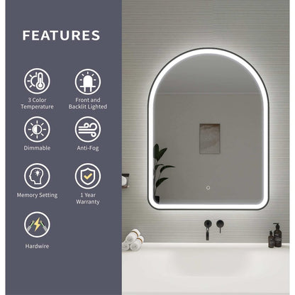 40 Inch Arch LED Front and Backlit Wall Mirror in Black