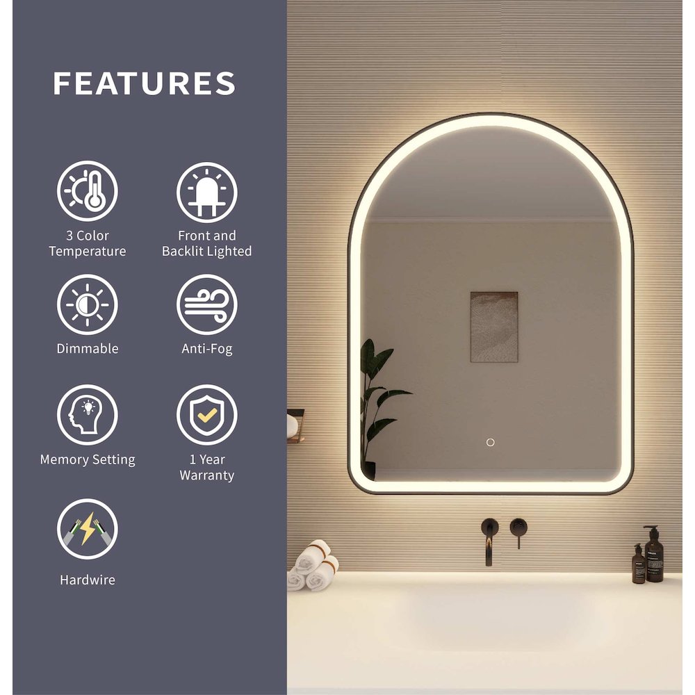 40 Inch Arch LED Front and Backlit Wall Mirror in Black