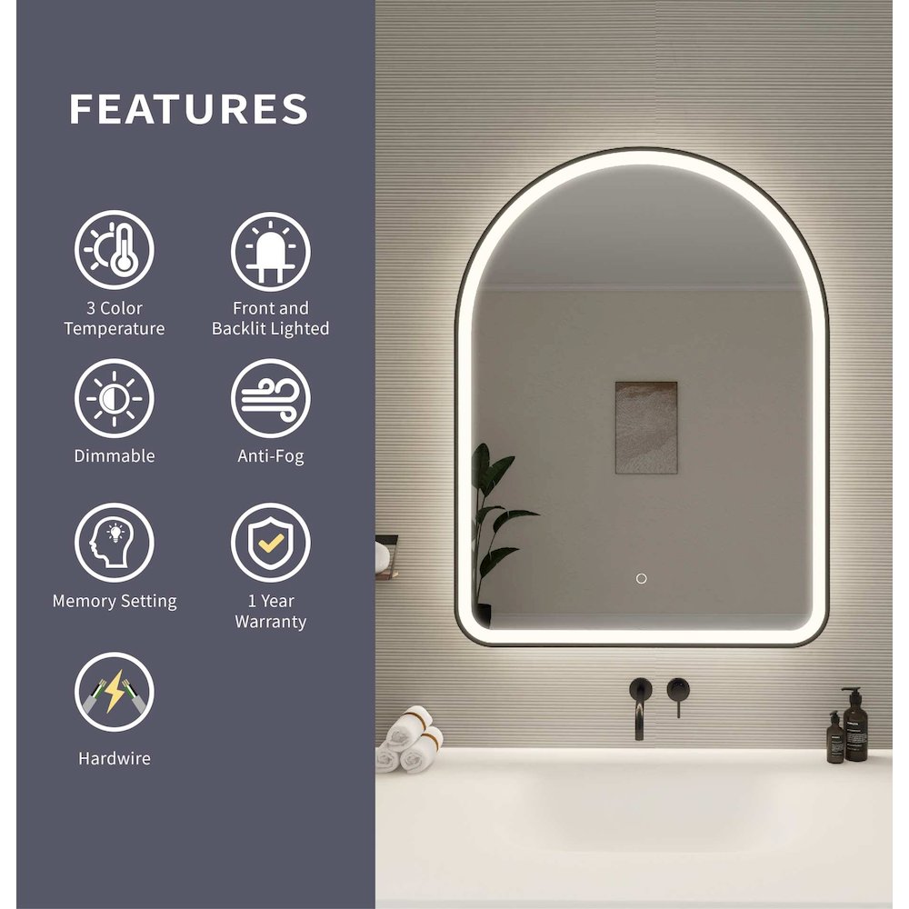 40 Inch Arch LED Front and Backlit Wall Mirror in Black