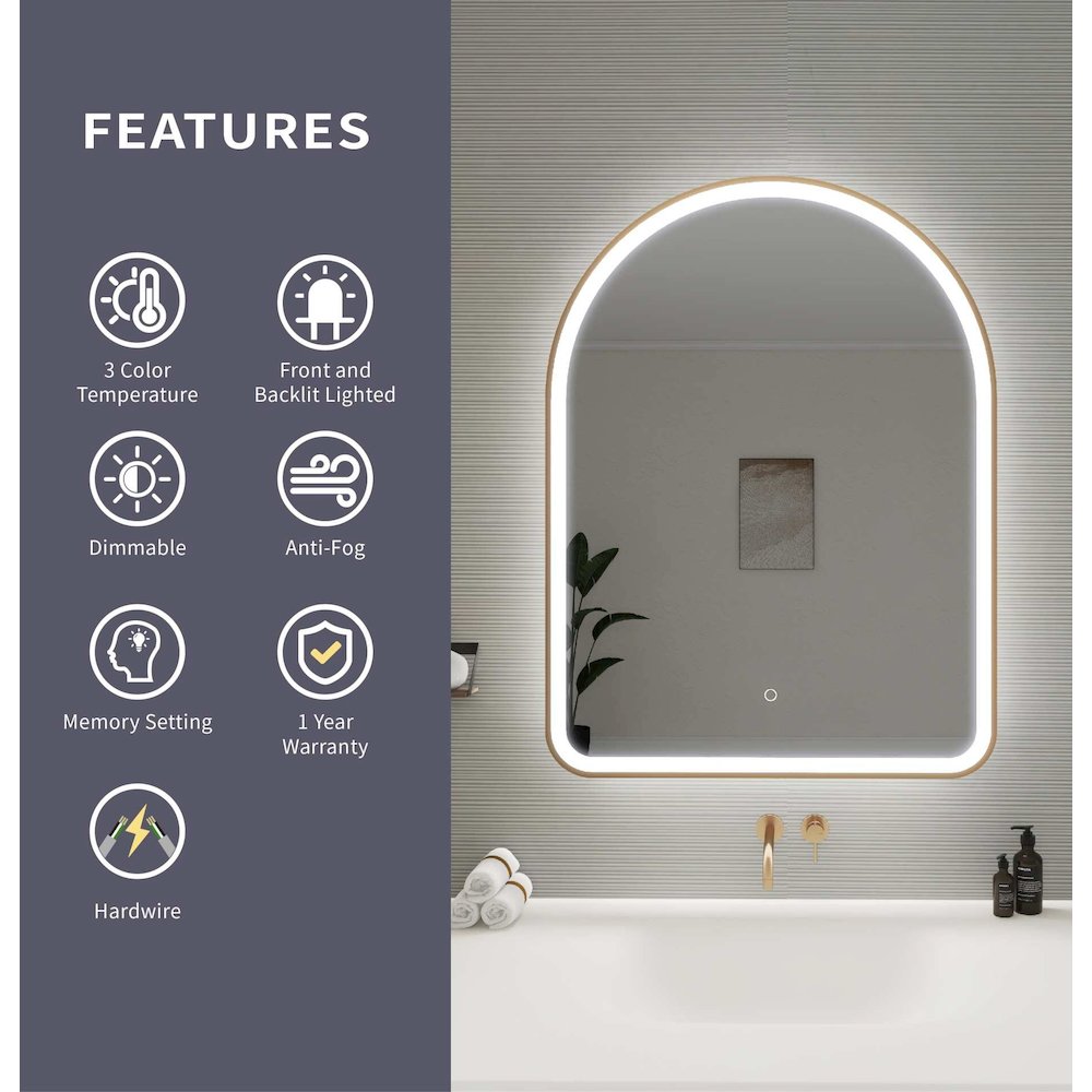 40 Inch Arch LED Front and Backlit Wall Mirror in Satin Gold
