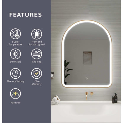 40 Inch Arch LED Front and Backlit Wall Mirror in Satin Gold
