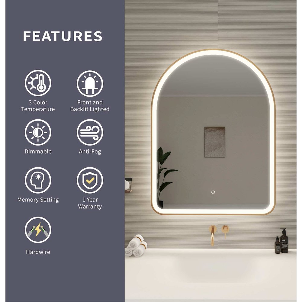 40 Inch Arch LED Front and Backlit Wall Mirror in Satin Gold
