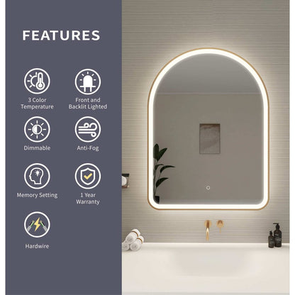 40 Inch Arch LED Front and Backlit Wall Mirror in Satin Gold