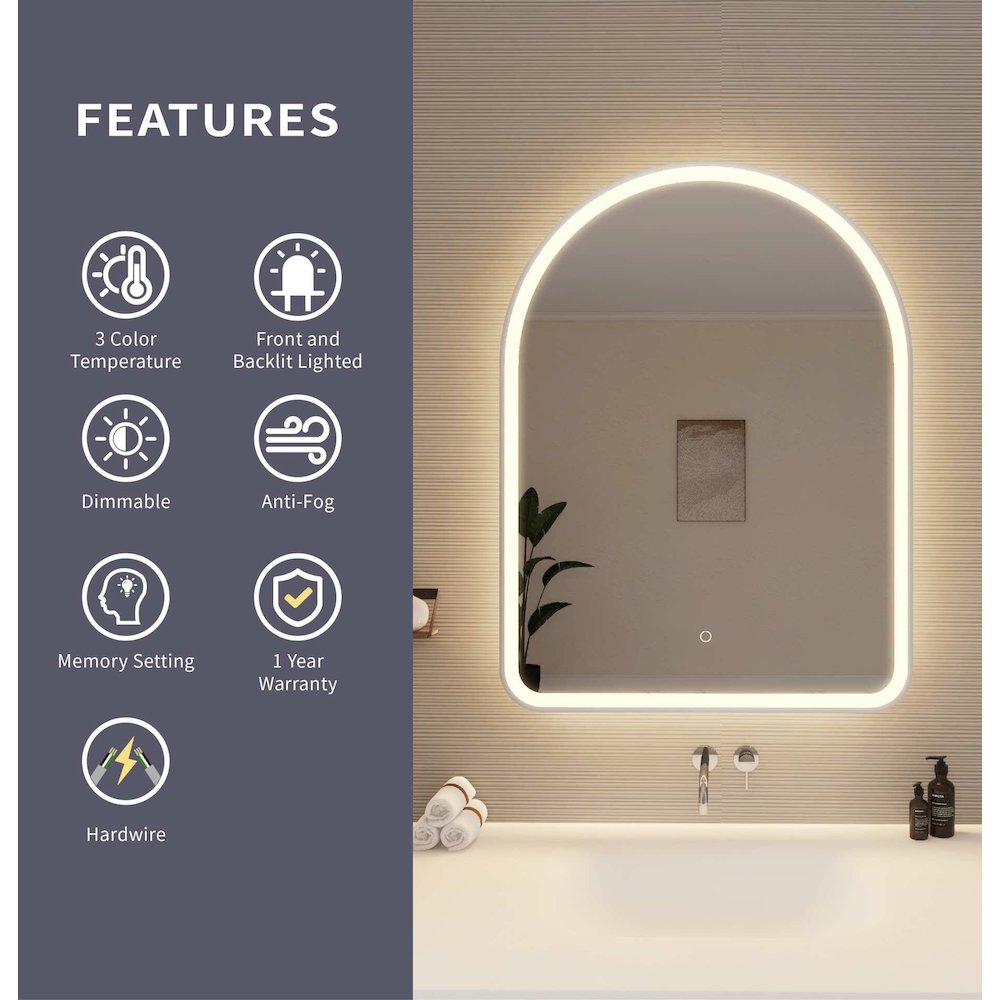 40 Inch Arch LED Front and Backlit Wall Mirror in Silver