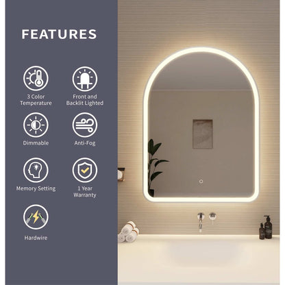40 Inch Arch LED Front and Backlit Wall Mirror in Silver