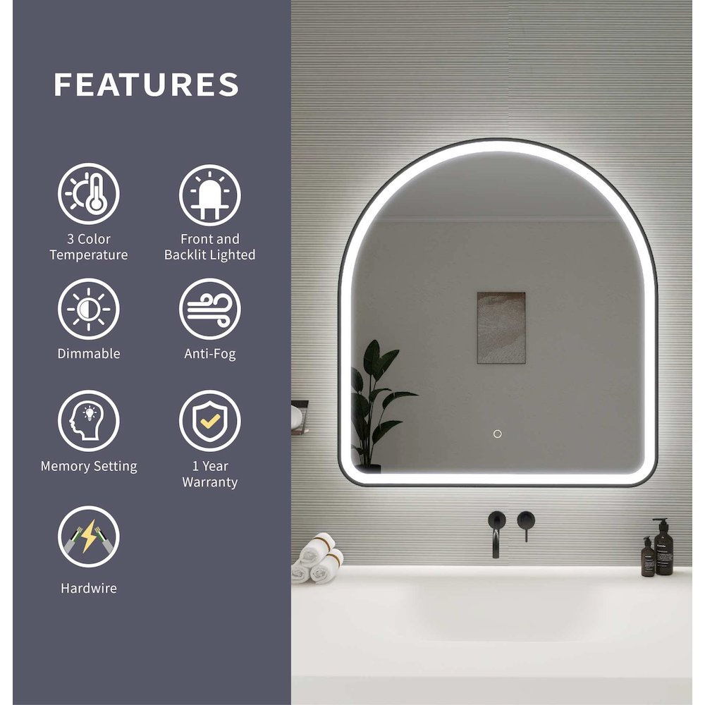 36 Inch Arch LED Front and Backlit Wall Mirror in Black