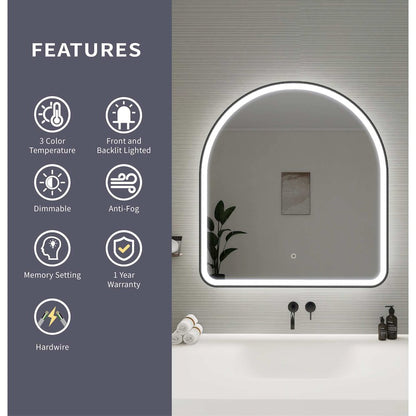 36 Inch Arch LED Front and Backlit Wall Mirror in Black