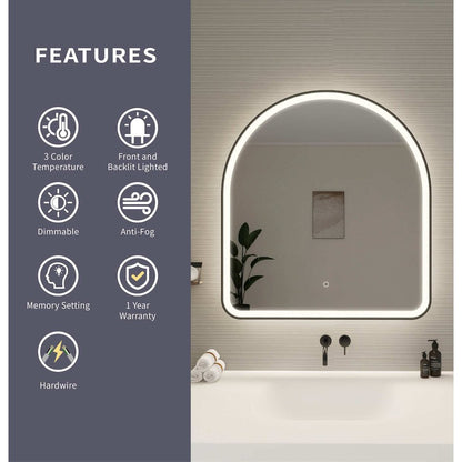 36 Inch Arch LED Front and Backlit Wall Mirror in Black