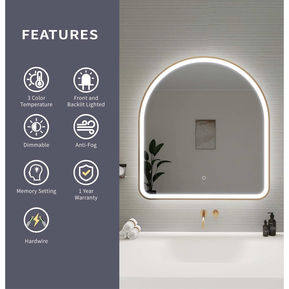 36 Inch Arch LED Front and Backlit Wall Mirror in Satin Gold