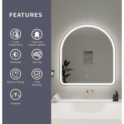36 Inch Arch LED Front and Backlit Wall Mirror in Satin Gold