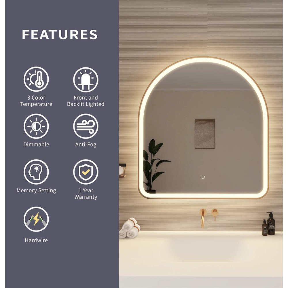 36 Inch Arch LED Front and Backlit Wall Mirror in Satin Gold
