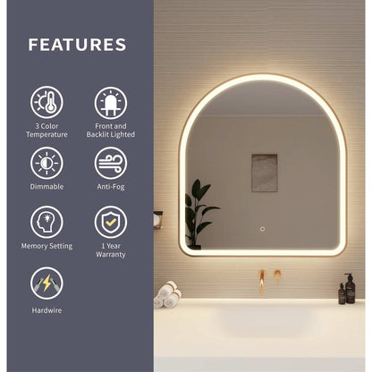 36 Inch Arch LED Front and Backlit Wall Mirror in Satin Gold