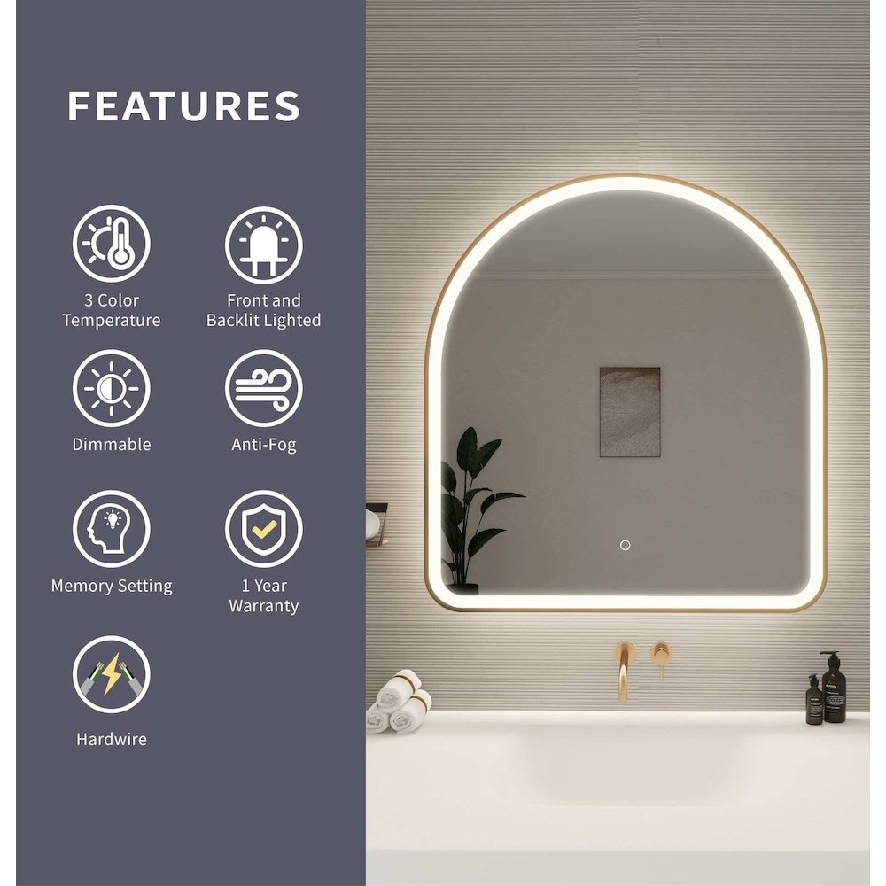 36 Inch Arch LED Front and Backlit Wall Mirror in Satin Gold