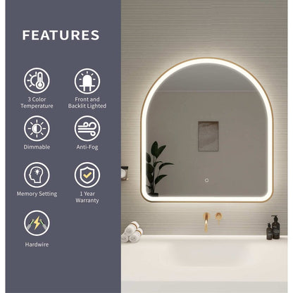 36 Inch Arch LED Front and Backlit Wall Mirror in Satin Gold