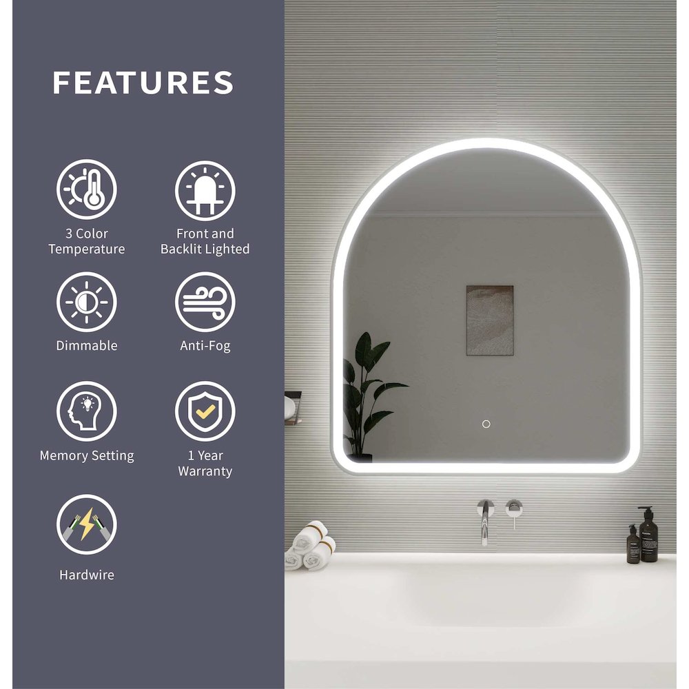 36 Inch Arch LED Front and Backlit Wall Mirror in Silver