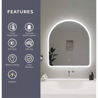 36 Inch Arch LED Front and Backlit Wall Mirror in Silver