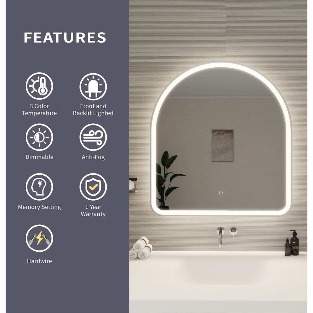 36 Inch Arch LED Front and Backlit Wall Mirror in Silver