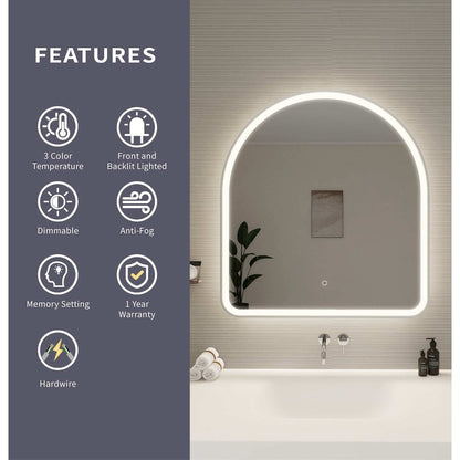 36 Inch Arch LED Front and Backlit Wall Mirror in Silver