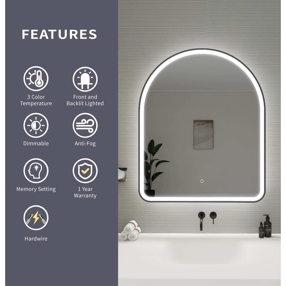 42 Inch Arch LED Front and Backlit Wall Mirror in Black