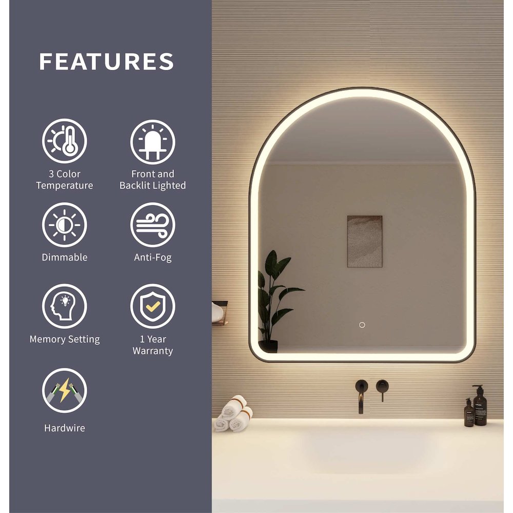 42 Inch Arch LED Front and Backlit Wall Mirror in Black