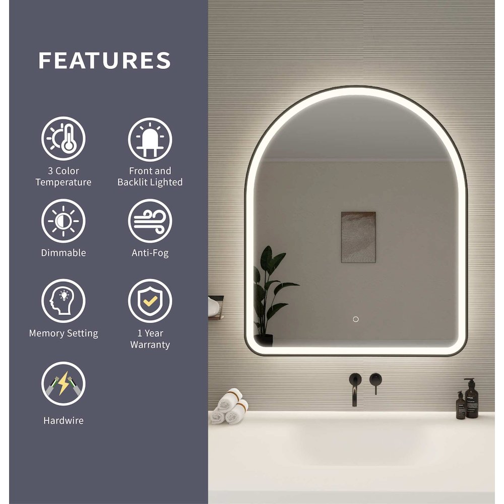 42 Inch Arch LED Front and Backlit Wall Mirror in Black