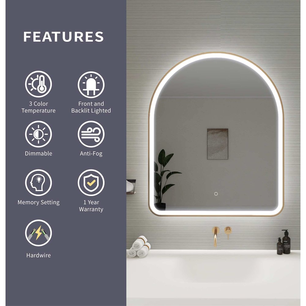 42 Inch Arch LED Front and Backlit Wall Mirror in Satin Gold
