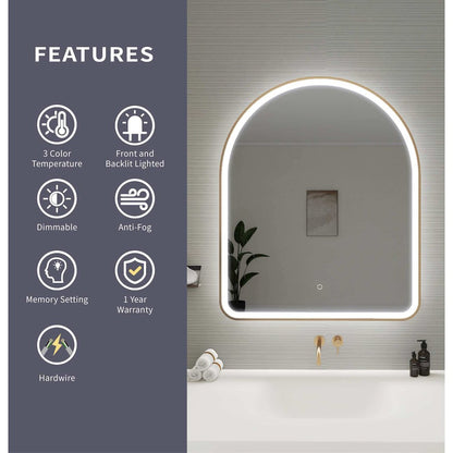 42 Inch Arch LED Front and Backlit Wall Mirror in Satin Gold