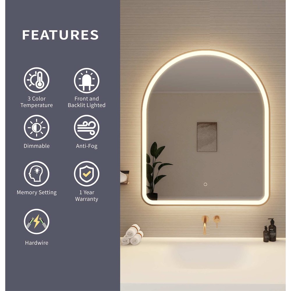 42 Inch Arch LED Front and Backlit Wall Mirror in Satin Gold