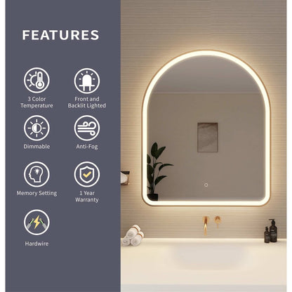 42 Inch Arch LED Front and Backlit Wall Mirror in Satin Gold
