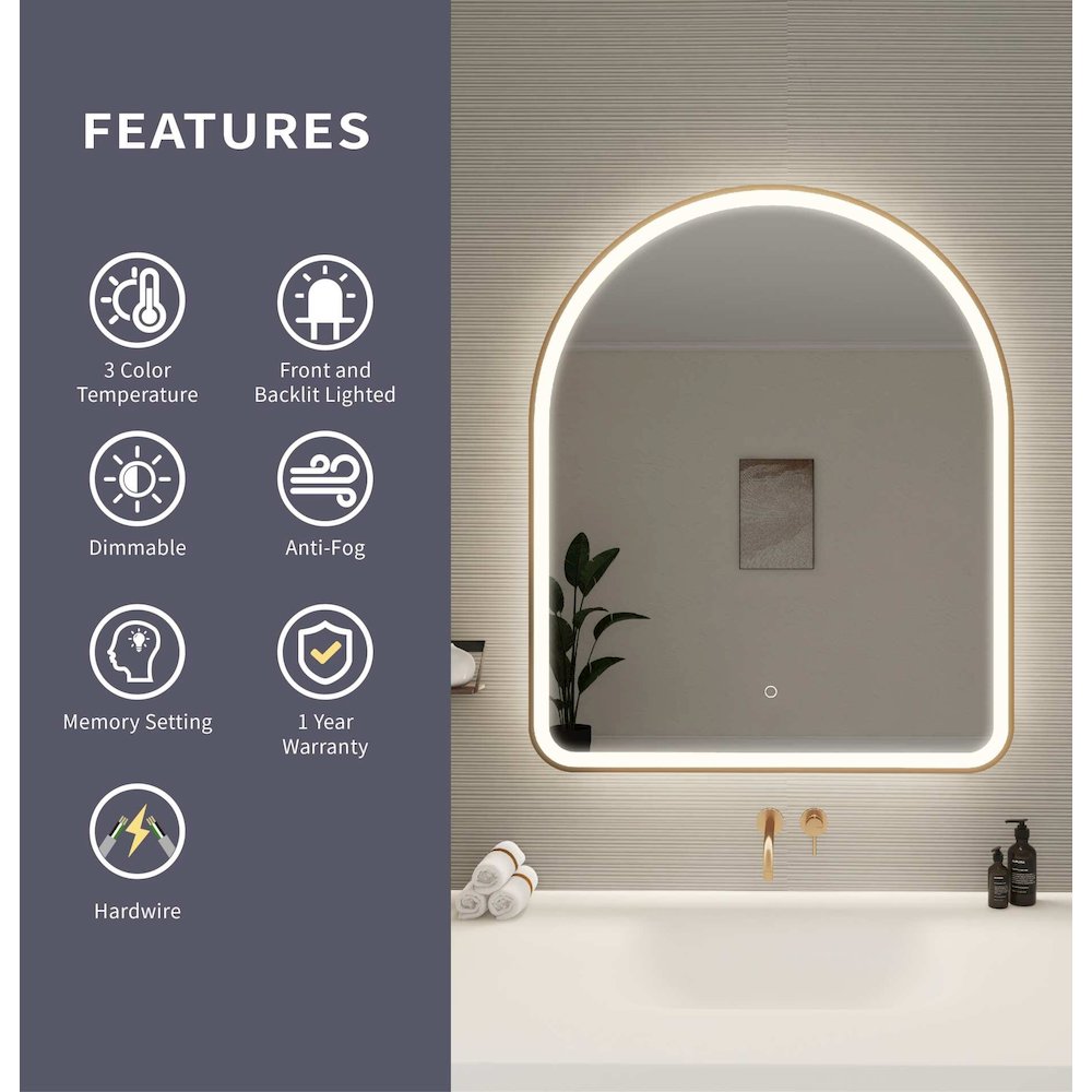 42 Inch Arch LED Front and Backlit Wall Mirror in Satin Gold