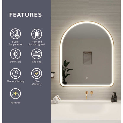 42 Inch Arch LED Front and Backlit Wall Mirror in Satin Gold
