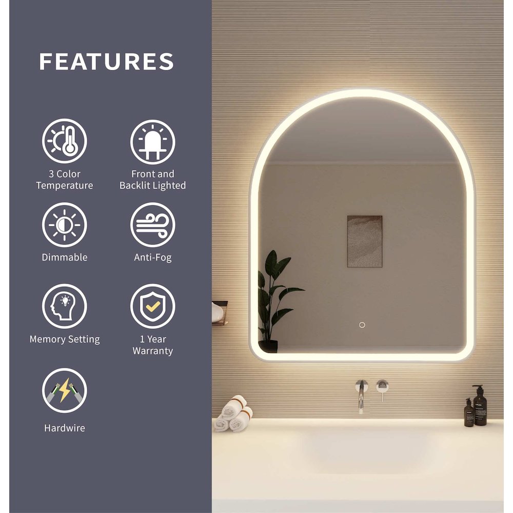 42 Inch Arch LED Front and Backlit Wall Mirror in Silver