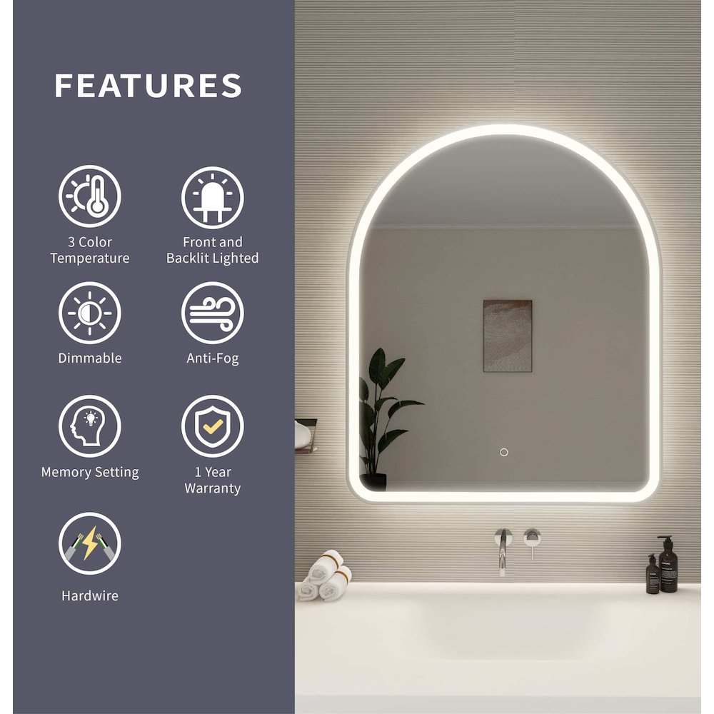 42 Inch Arch LED Front and Backlit Wall Mirror in Silver