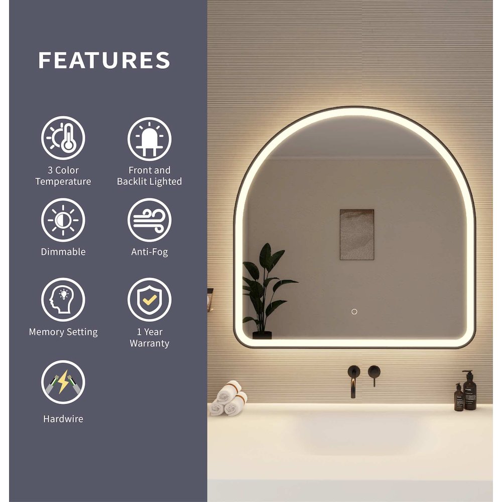 36 Inch Arch LED Front and Backlit Wall Mirror in Black