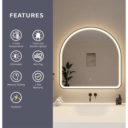 36 Inch Arch LED Front and Backlit Wall Mirror in Black