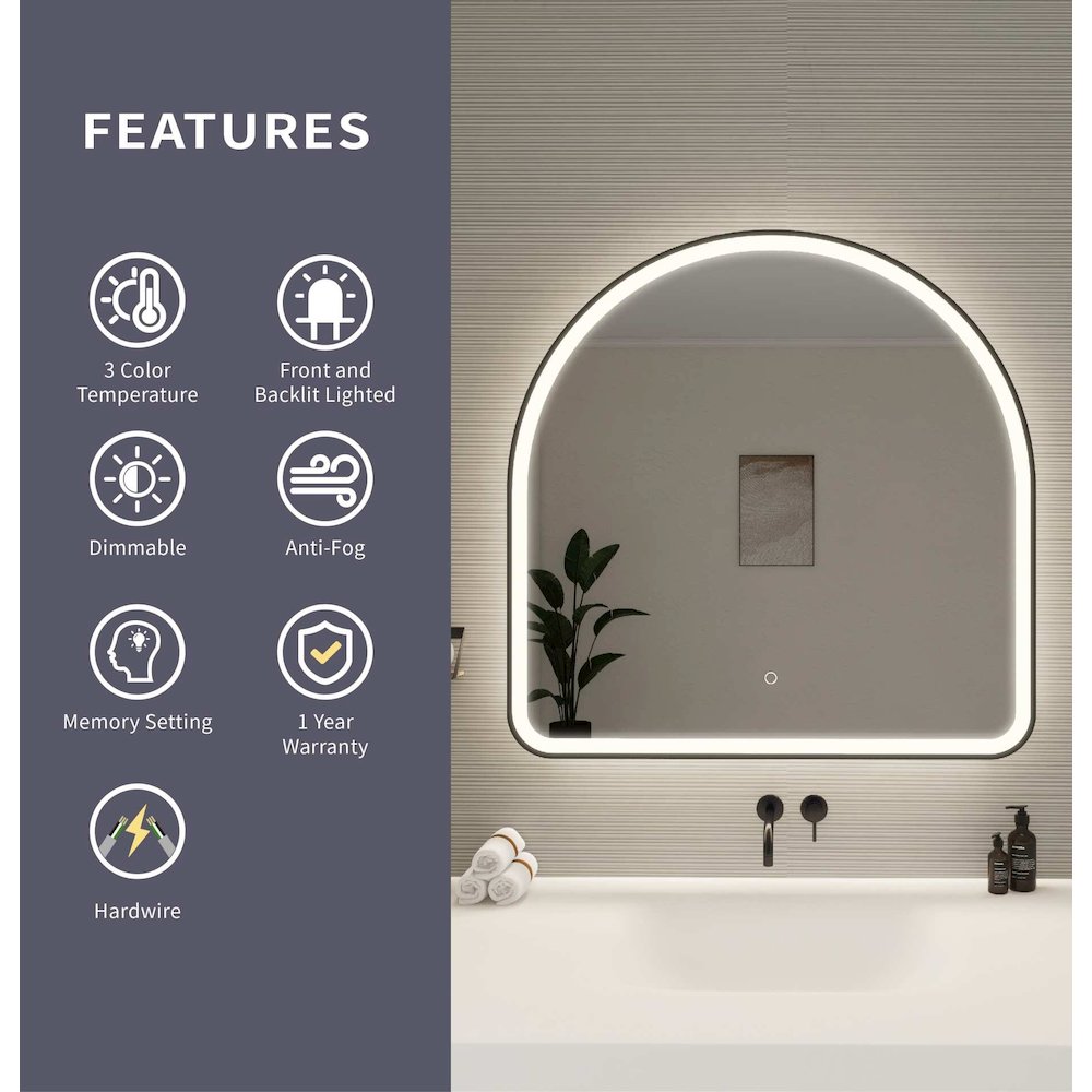 36 Inch Arch LED Front and Backlit Wall Mirror in Black