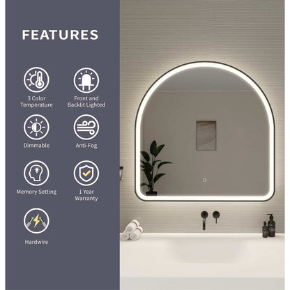 36 Inch Arch LED Front and Backlit Wall Mirror in Black