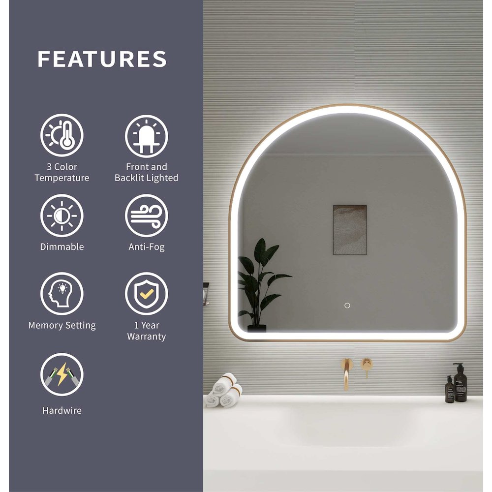 36 Inch Arch LED Front and Backlit Wall Mirror in Satin Gold