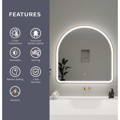 36 Inch Arch LED Front and Backlit Wall Mirror in Satin Gold