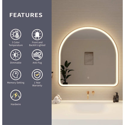 36 Inch Arch LED Front and Backlit Wall Mirror in Satin Gold